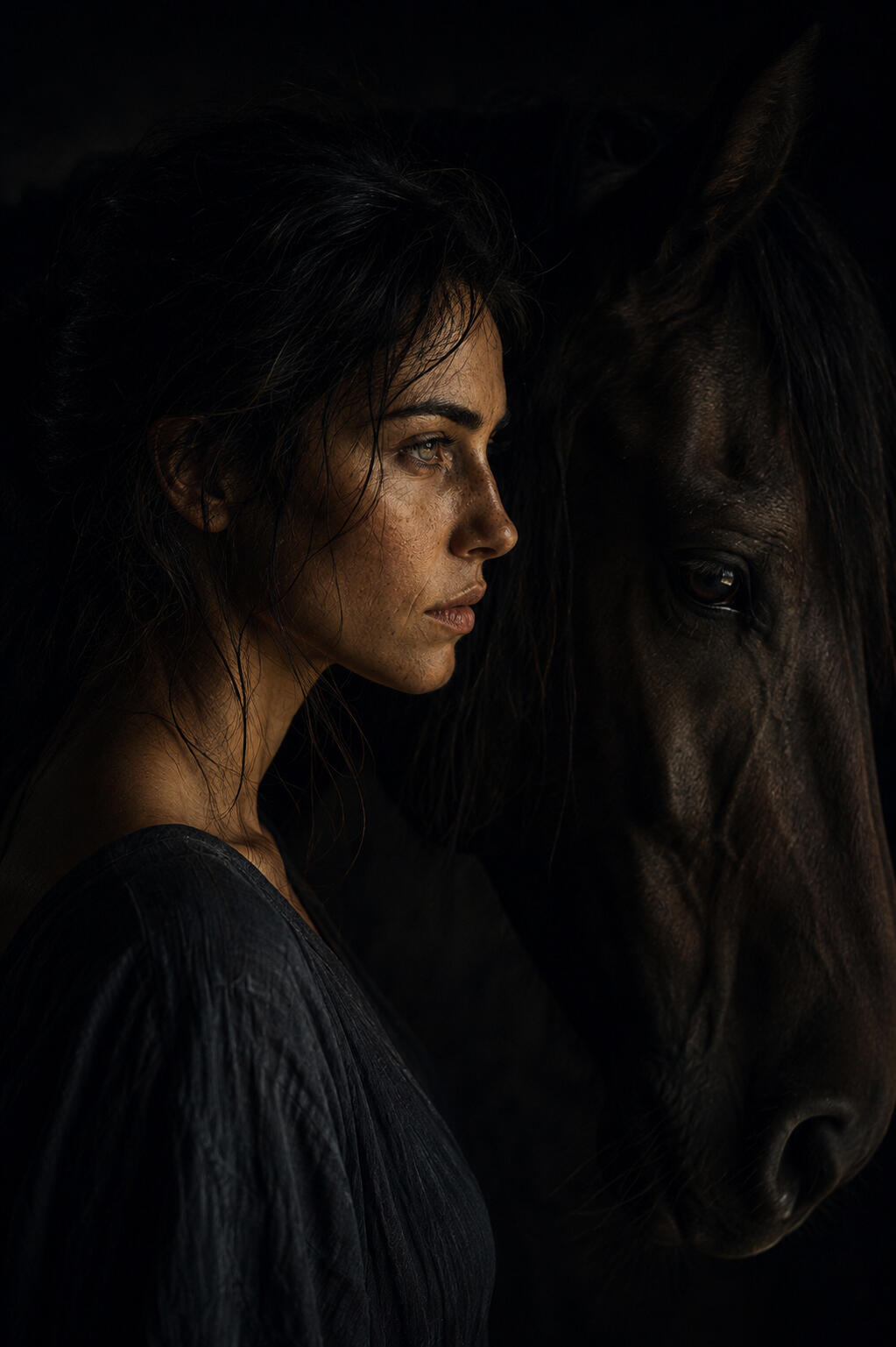 Attachment × The Horse A woman and a horse stand close together in deep shadow.