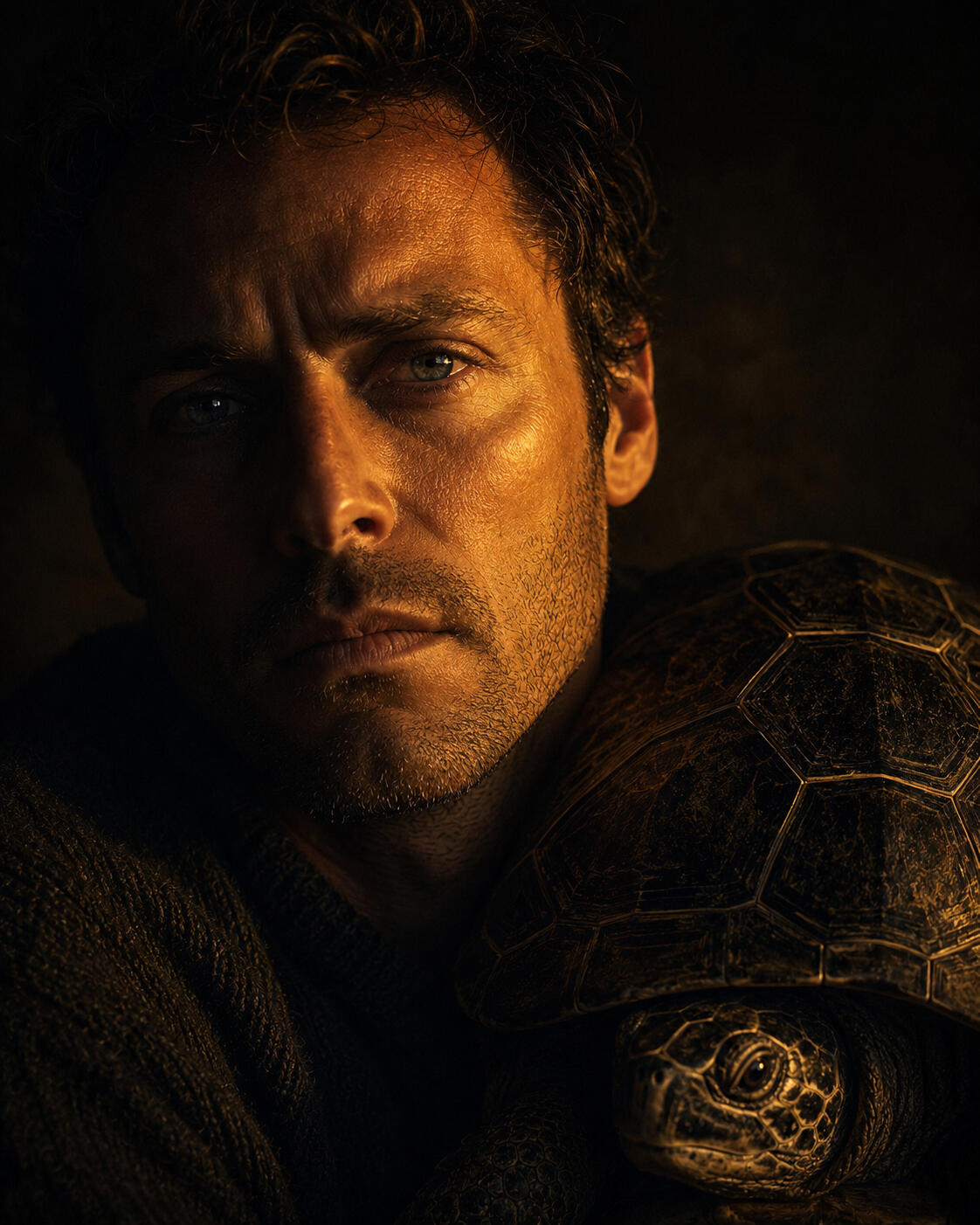 Safety × Turtle A man and a turtle appear together in warm, dark light.