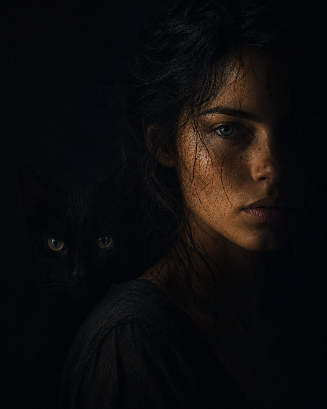 Invisible Child × Shadow Cat A young woman and a black cat are partly hidden in deep shadow.