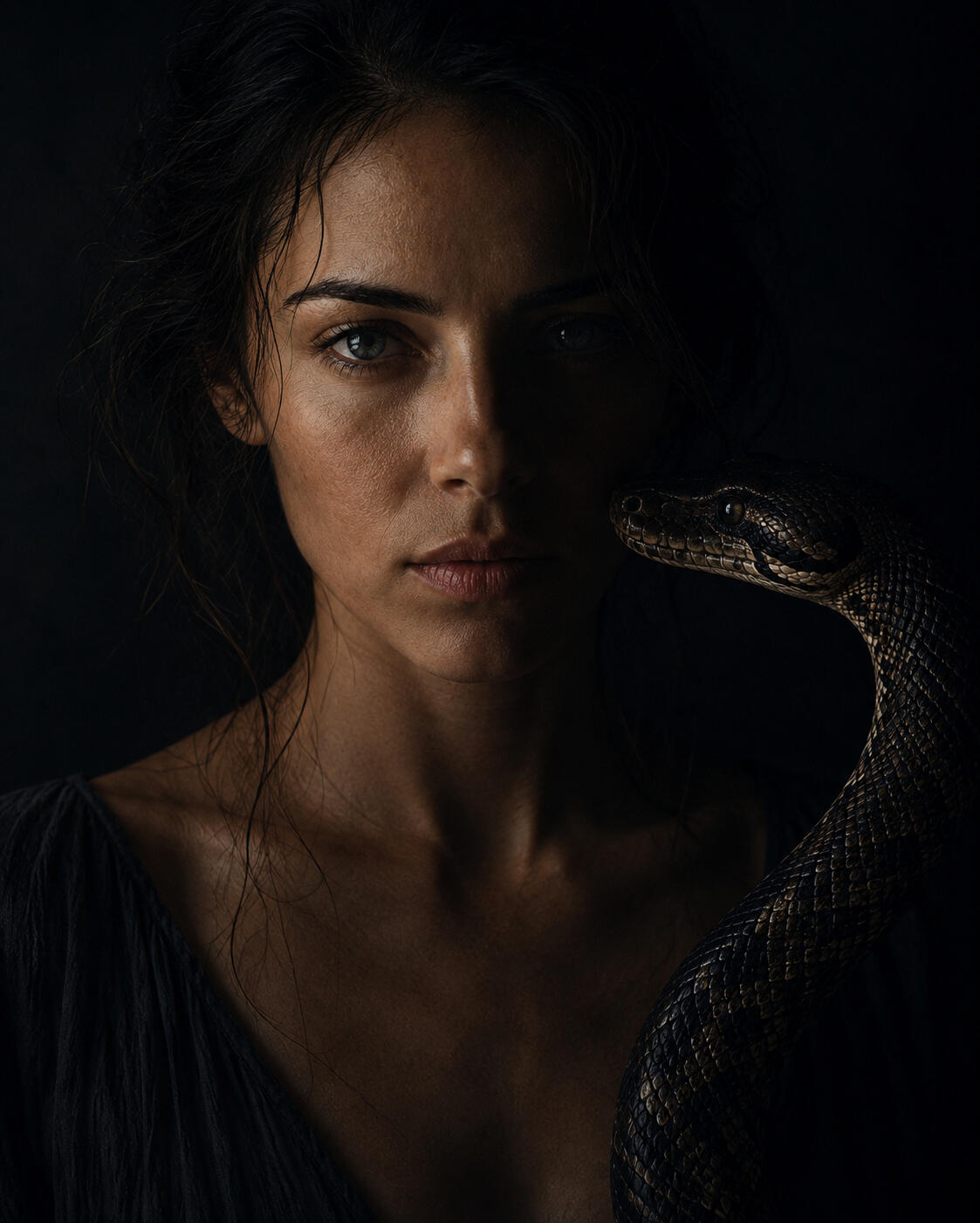 Body Autonomy × Snake A woman faces forward with a snake near her shoulder in deep shadow.