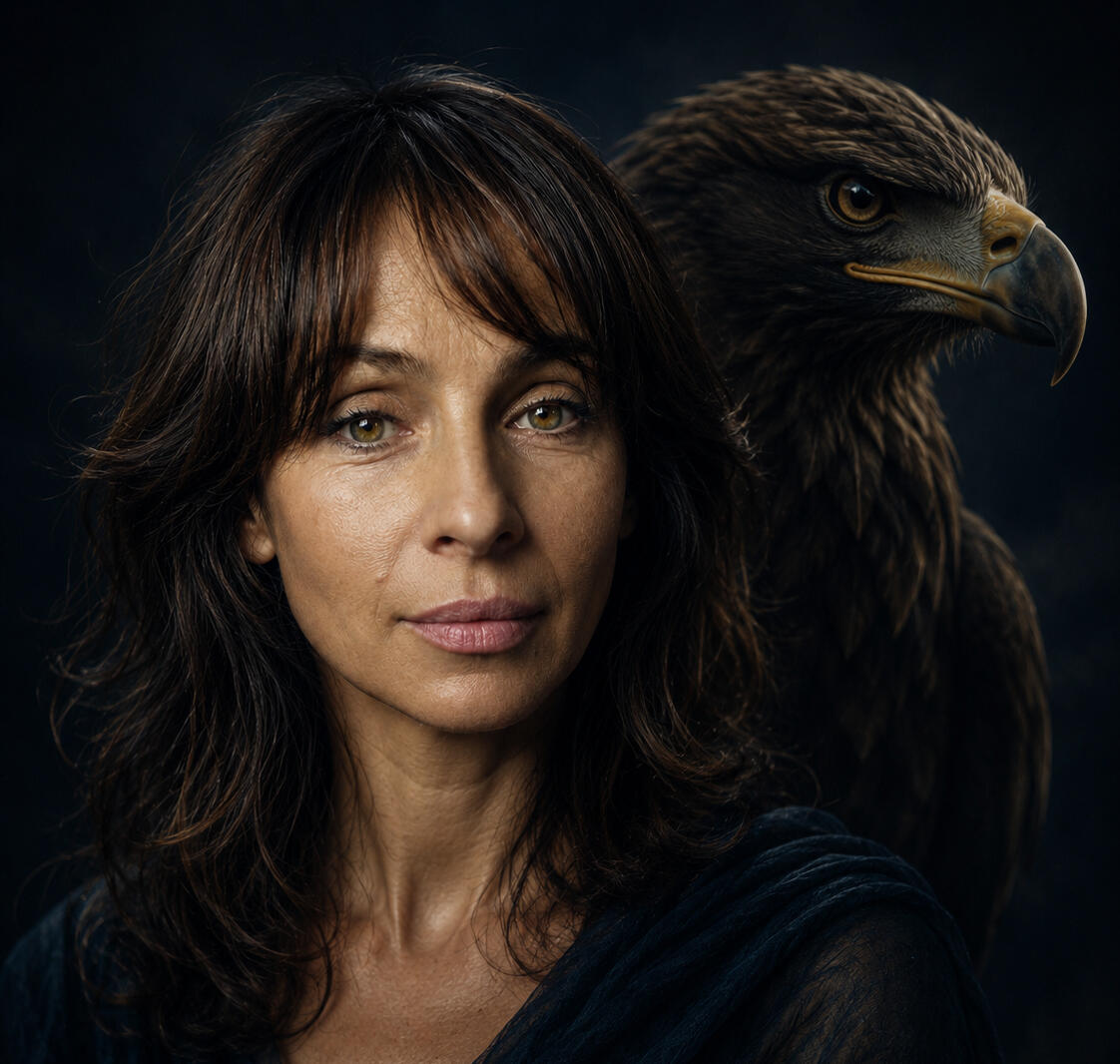 Jura Swan and eagle archetype Portrait of a woman with an eagle behind her shoulder against a dark background.