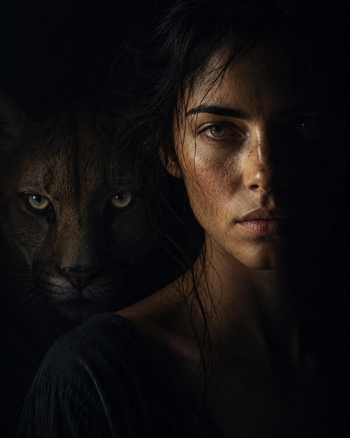 Protective intelligence portrait Close portrait of a woman beside a dark big cat, both partly in shadow.
